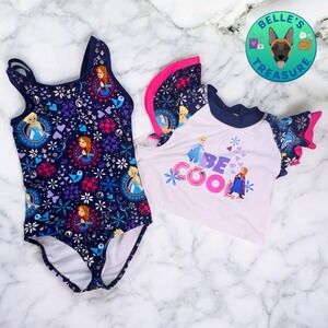 Disney Frozen Swimsuit Rash Guard Two Piece Swimwear Anna Elsa Girls 5/6 SPF 50+